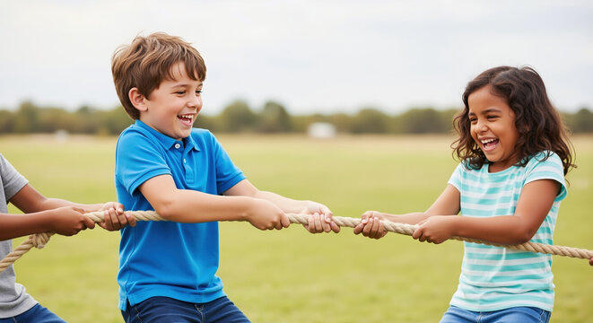 Children playing tug of war game on grass field laughing together. Teamwork and friendship activities for summer camps and recreational programs