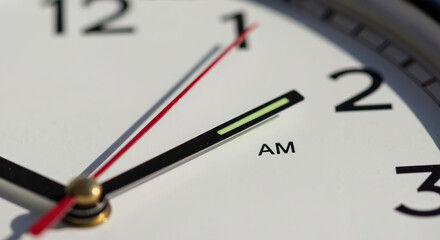 Clock face showing twelve o'clock with black hands on white dial. Time management and punctuality concept for business scheduling and appointment reminders