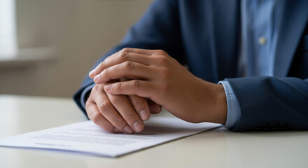 Man in business suit with clasped hands sitting at desk with documents. Professional meeting and corporate consultation for financial planning and business negotiation services
