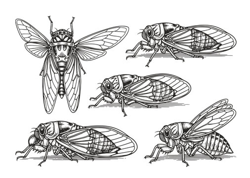 Cicadidae cicada insect animal sketch engraving vector illustration. T-shirt apparel print design. Scratch board imitation. Black and white hand drawn image.