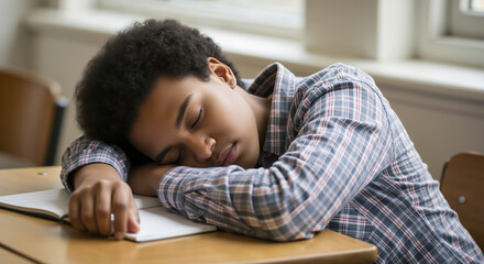 Woman sleeping on desk with open book wearing plaid shirt in classroom. Student fatigue and academic stress for educational services and study programs