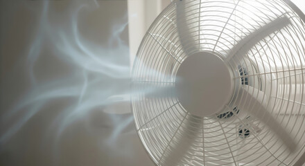 White electric fan spinning with blurred blades creating air circulation and cooling effect. Home appliance for temperature control and comfort during hot weather conditions