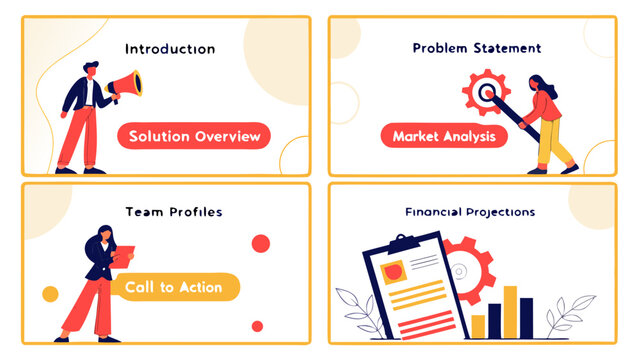 Business plan presentation template with sections for introduction problem statement market analysis team profiles solution overview call to action and financial projections