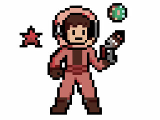 Fototapeta premium a pixel art astronaut in a pink suit with headphones, holding a blaster and floating near a star and a planet.