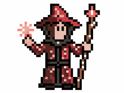 a pixel art wizard in a red robe and hat, holding a glowing staff and casting a spell. the character has a serious expression.