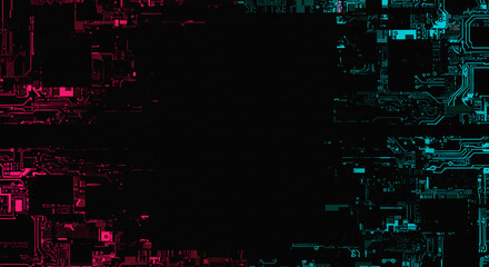 Fototapeta premium Abstract futuristic technology background featuring a glitch effect texture and a digital circuit overlay in vibrant neon colors.