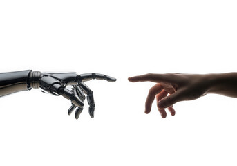 A robots finger reaching out to touch a humans finger isolated on transparent background