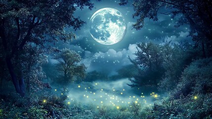 Forest landscape glows under full moon with fireflies for fantasy nature background mystical night magic illumination dream light atmosphere wilderness enchantment serenity scene concept