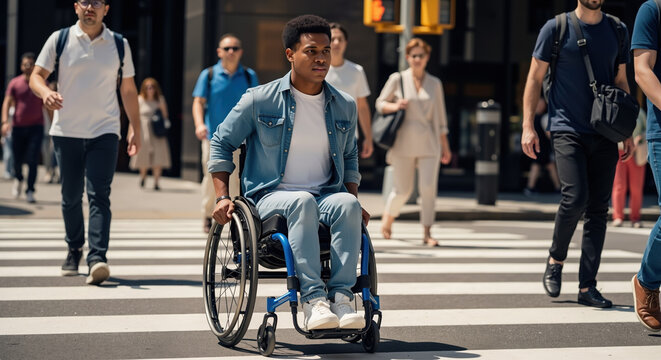 African American man in wheelchair crossing busy city crosswalk. Urban accessibility and disability inclusion awareness campaigns