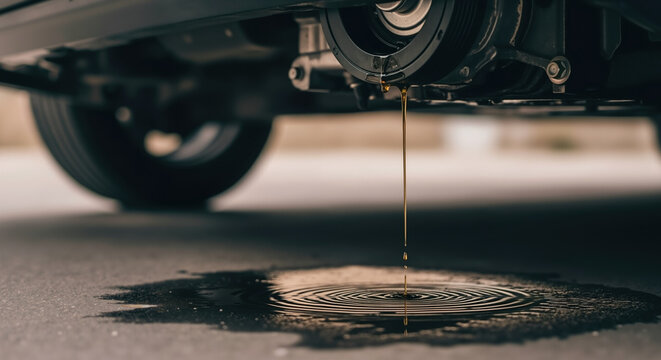 Motor oil dripping from vehicle creating ripples in puddle on asphalt surface. Automotive maintenance and car repair service for mechanical problems and fluid leaks