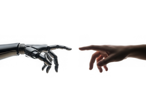 A robots finger reaching out to touch a humans finger isolated on transparent background