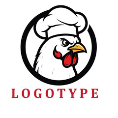 Stylized chicken with a determined look wearing a white chef’s hat, framed in a bold black circle—blending culinary themes with mascot charm. © bima