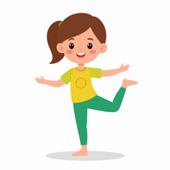 Cartoon girl in yoga pose, cheerful expression, bright colors.