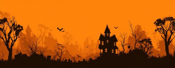 Halloween Haunted House with Orange Sky, and Bats.