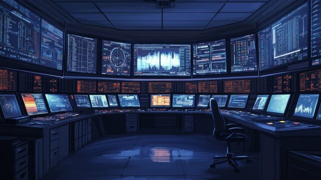 System control room with technical operator monitoring multiple displays showing data visualizations and security graphics, overseeing company information security and network operations in a high-tec - Powered by Adobe