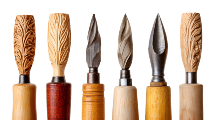 Collection of carving tools with ornate wooden handles isolated on transparent background