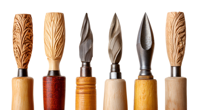 Collection of carving tools with ornate wooden handles isolated on transparent background - Powered by Adobe
