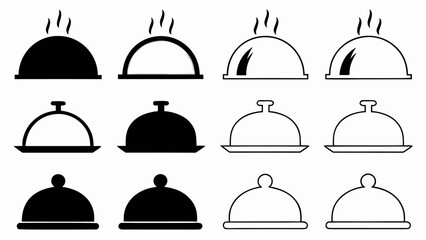 Fototapeta premium Collection of twelve simple black and white food cloche icons in various styles and arrangements shown silhouette