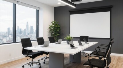 Fototapeta premium Modern conference room with large table, laptops, and cityscape view