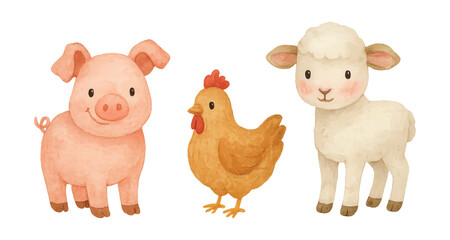 watercolor farm animal pig chicken lamb