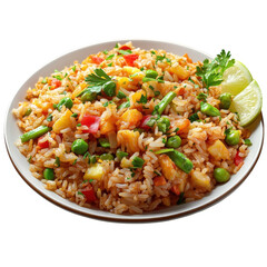 Colorful fried rice with vegetables, pineapple, and lime on transparent background