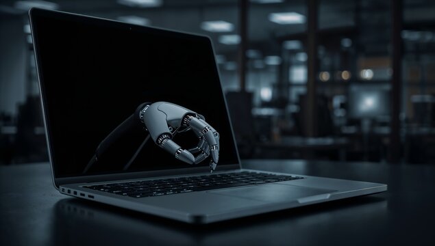 Robotic hand coming out of a laptop