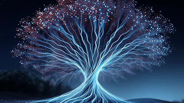 Digital Tree with Glowing Branches and Roots Symbol of Advanced AI and Quantum Technology Innovation in Futuristic Landscape