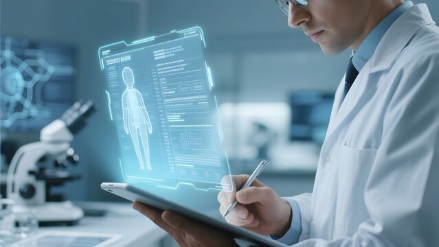 Scientist analyzing digital human anatomy data on a tablet in a laboratory setting