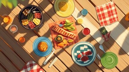 Outdoor picnic table, high angle view.  Grilled food, assorted plates, colorful napkins and cups, sunlight