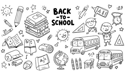 Fun Back-to-School Doodle Illustration: Books, Buses, Kids  More