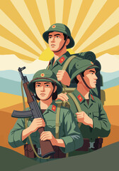 Fototapeta premium Three soldiers in military uniforms with rifles against a rising sun background