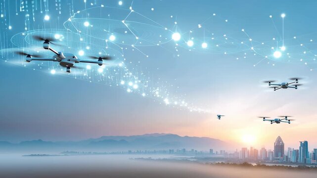 Futuristic Smart City Sunrise AI Driven Drone Fleet Showcases Advanced Technology and Innovation