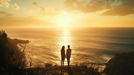 Golden sunset over ocean; couple silhouette