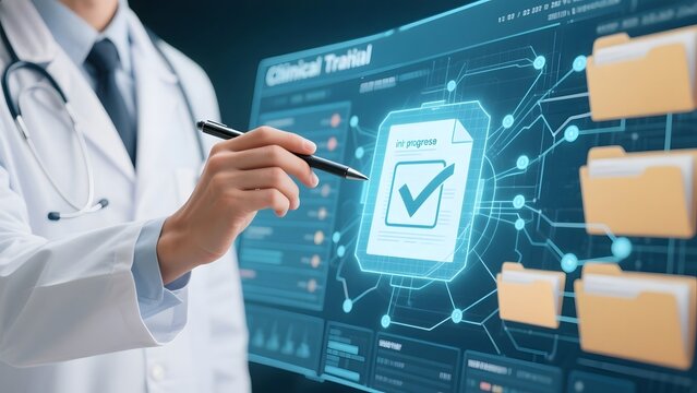 Doctor interacting with a digital interface displaying clinical trial data and progress indicators.