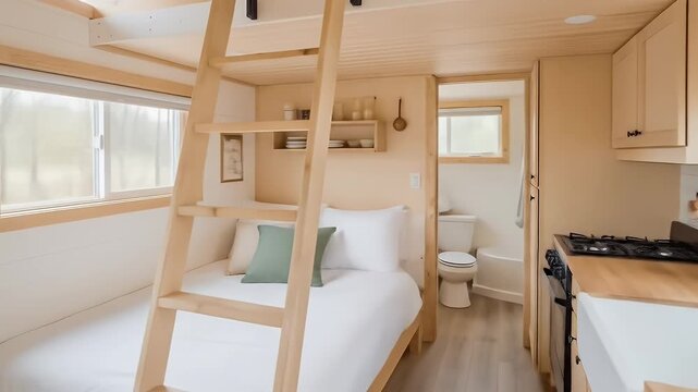 Cozy Tiny House Interior with Bed, Kitchen and Bathroom