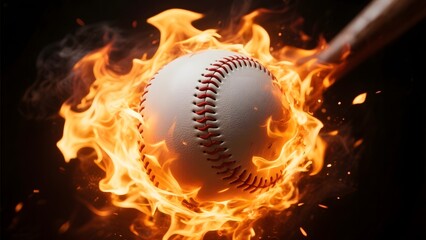 A baseball engulfed in flames with a bat striking it, symbolizing intense action and energy.