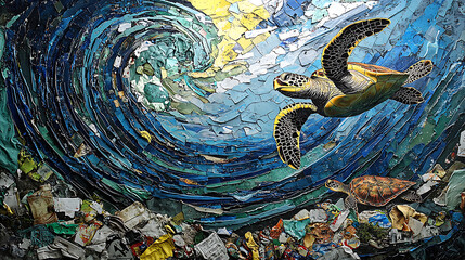 Ocean Wave Mosaic Sea Turtle in a Whirlwind of Plastic Pollution