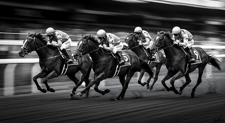 疾走する競走馬、白黒写真