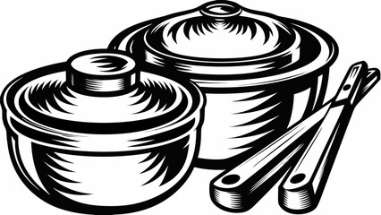 Illustration of two covered cooking pots and a pair of tongs in a black and white graphic style silhouette
