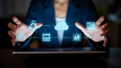 Person interacting with digital interface displaying cloud technology and data analytics cloud computing