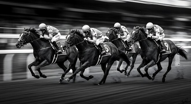疾走する競走馬、白黒写真