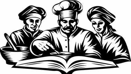 Illustration of three chefs in uniform consulting a recipe book with cooking utensils and bowls present silhouette
