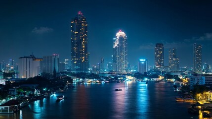 futuristic network and connection technology over bangkok business center skyline at night with glowing energy light trails and wireless communication infographic elements depicting modern smart city 