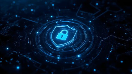 Digital shield protecting data with glowing lock icon