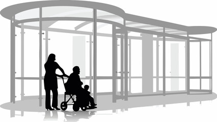 Silhouette of woman pushing wheelchair with child at modern bus stop with glass and metal structure design