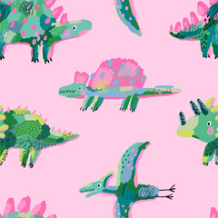 Hand drawn Abstract Dinosaur in modern artist painting style. Vector illustration. Seamless patterns with Dino sketch, line, geometric forms, polka dots, textute
