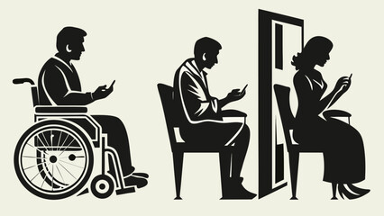 Three people using smartphones while sitting in a wheelchair and chairs in silhouette style design