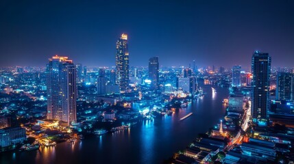 futuristic network and connection technology over bangkok business center skyline at night with glowing energy light trails and wireless communication infographic elements depicting modern smart city 