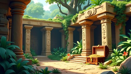 Low poly ancient stone temple ruins with broken pillars, moss-covered walls, treasure chest, and jungle overgrowth in adventure style

