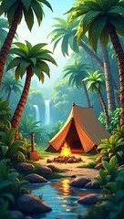 A low poly survival scene in a jungle with palm trees, wild plants, a tent, campfire, water stream, and a stone axe lying nearby

